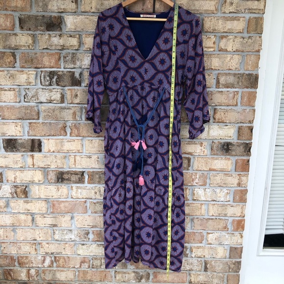 Banjanan Cotton Blue Red Pink V Neckl Pockets Lined Maxi Dress L More Like S/M - Picture 13 of 16